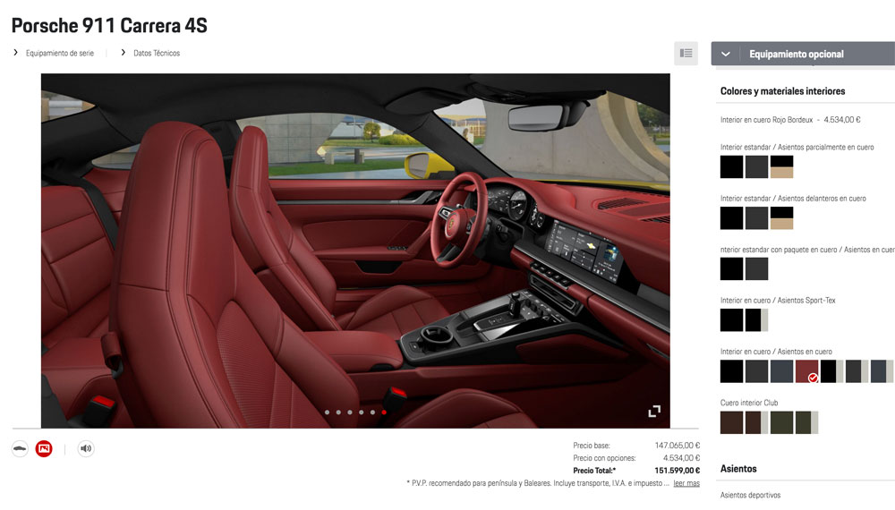 Configurador Porsche 911 2019 interior