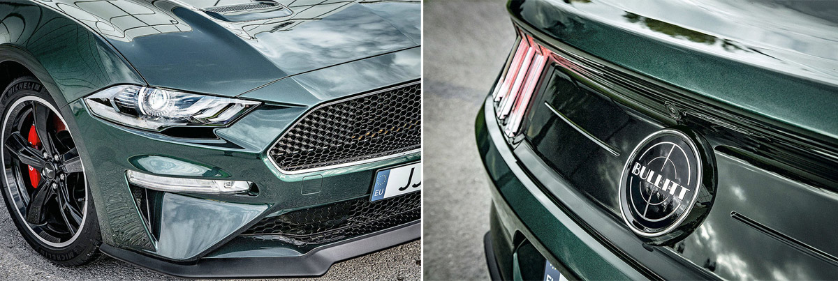 Detalles de la parrilla y logo trasero del Ford Mustang Bullitt
